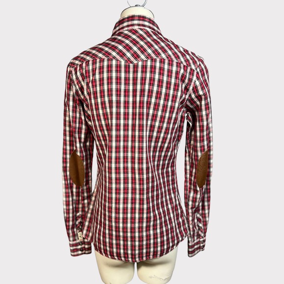 Maison Scotch (Sz 2) Plaid Snap Button Leather Elbow Patch Shirt - Picture 11 of 13
